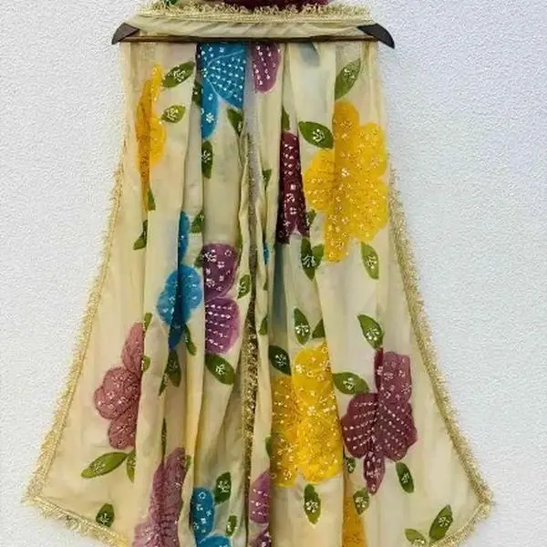 Designer Organza Silk Handwork with Brush Paint Work Only Dupatta Multi Beautiful Printed Muslin with Full Sequence Work Kurti Pant Rayon Pant