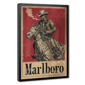 Vintage Western Cowboy Riding Horse Canvas Print, Retro Red Background Marlboro Cowboy Poster, Classic Old West Style Wall Decor for Living Room Bathroom Man Cave Home Decoration