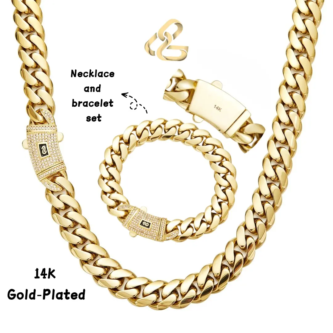 Men Chunky Miami Cuban Chain Jewelry Matching Set, Bling Full Paved Zircon S Logo Clasp 14K Gold Plated Necklace & Bracelet Kit, No Tarnish Waterproof Hip Hop Accessory Gift for Boyfriend Husband