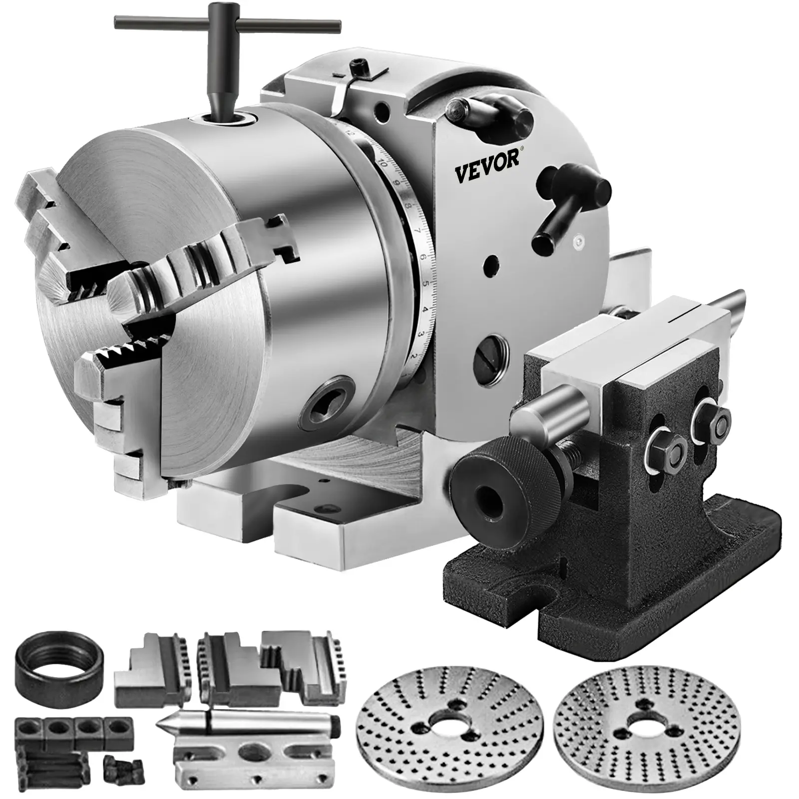 【Summerfinds】VEVOR Dividing Head BS-0 5Inch 3 Jaw Chuck Dividing Head Set Precision Semi Universal Dividing Head for Milling Machine Rotary Table Tailstock Milling Set (5 Inch Chuck)