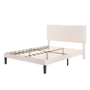 Bed Frame with Height-Adjustable Upholstered Headboard, Crystal Buckle Accents, Beige