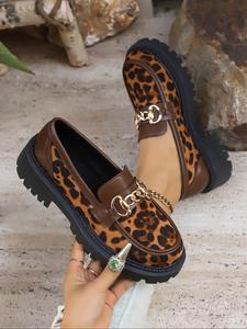 women's fashion leopard print slip on loafers, casual comfortable round toe loafers for daily wear, female all-match shoes for fall & winter
