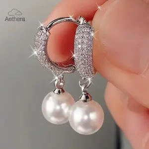 Vintage Elegant Pearl Drop Earring Shiny Zirconia Ear Jewelry for Women Romantic Wedding Bridal Jewelry