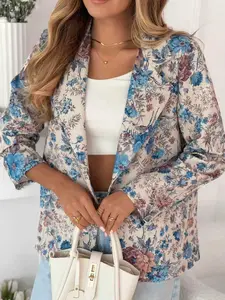 Elegant Floral Print Blazer for Women, Boho Style Casual Jacket, Loose Fit Vintage Jacquard Fabric, Bright Colors, Shoulder Pads
