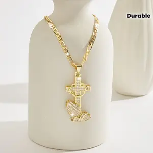 Ring  necklace  watch  scarf 14K Gold Plated Boho Style Pendant Necklace with Cross & Prayer Hand Design - Sparkling Zirconia, Elegant Religious Jewelry for Weddings, Parties, and Special Occasions, Festive Accessory|Bohoinspired Design|Dur,summervibes