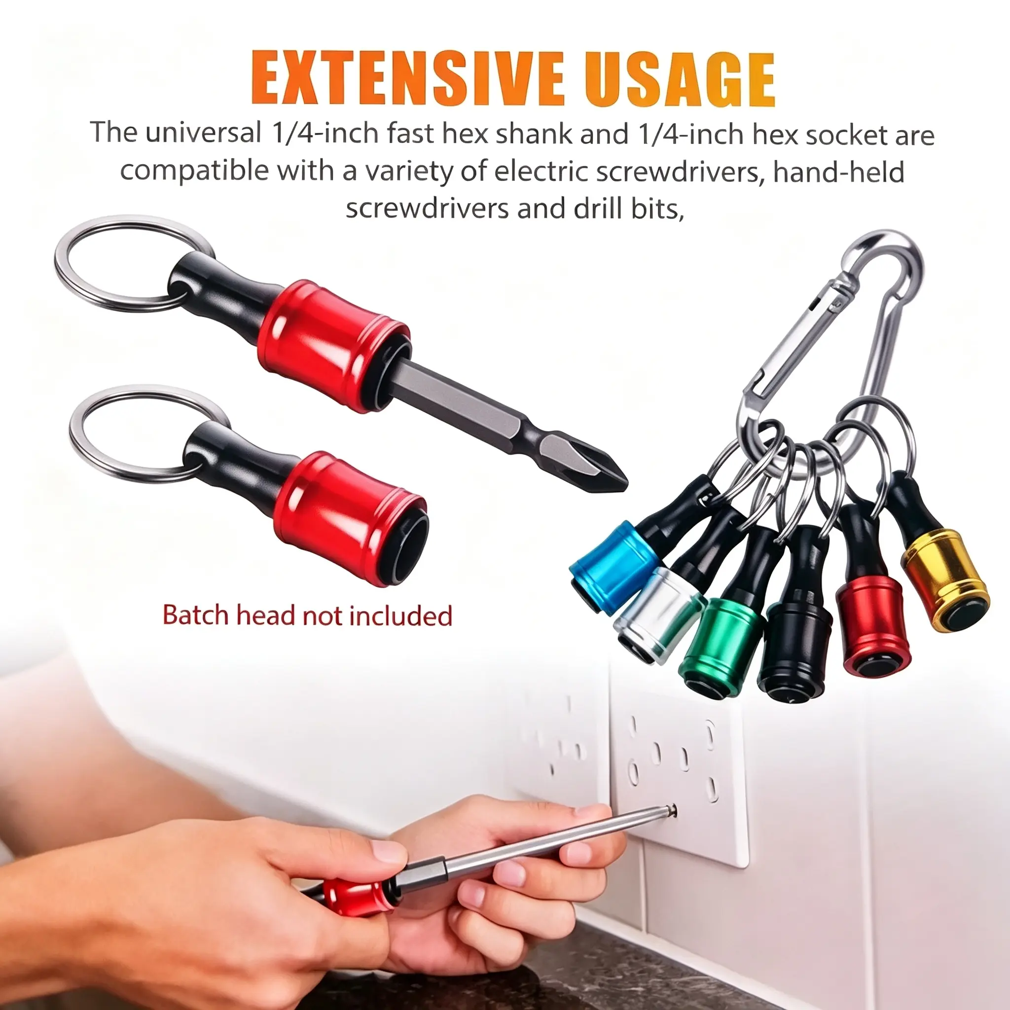 6-Color Quick Change Magnetic Hex Shank Bit Holder Keychain Set - 1/4" Drill Bit Extension Adapter with Locking Carabiner, Essential Hardware Tool for Drill Work, Magnetic Grip DIY Home Improvement