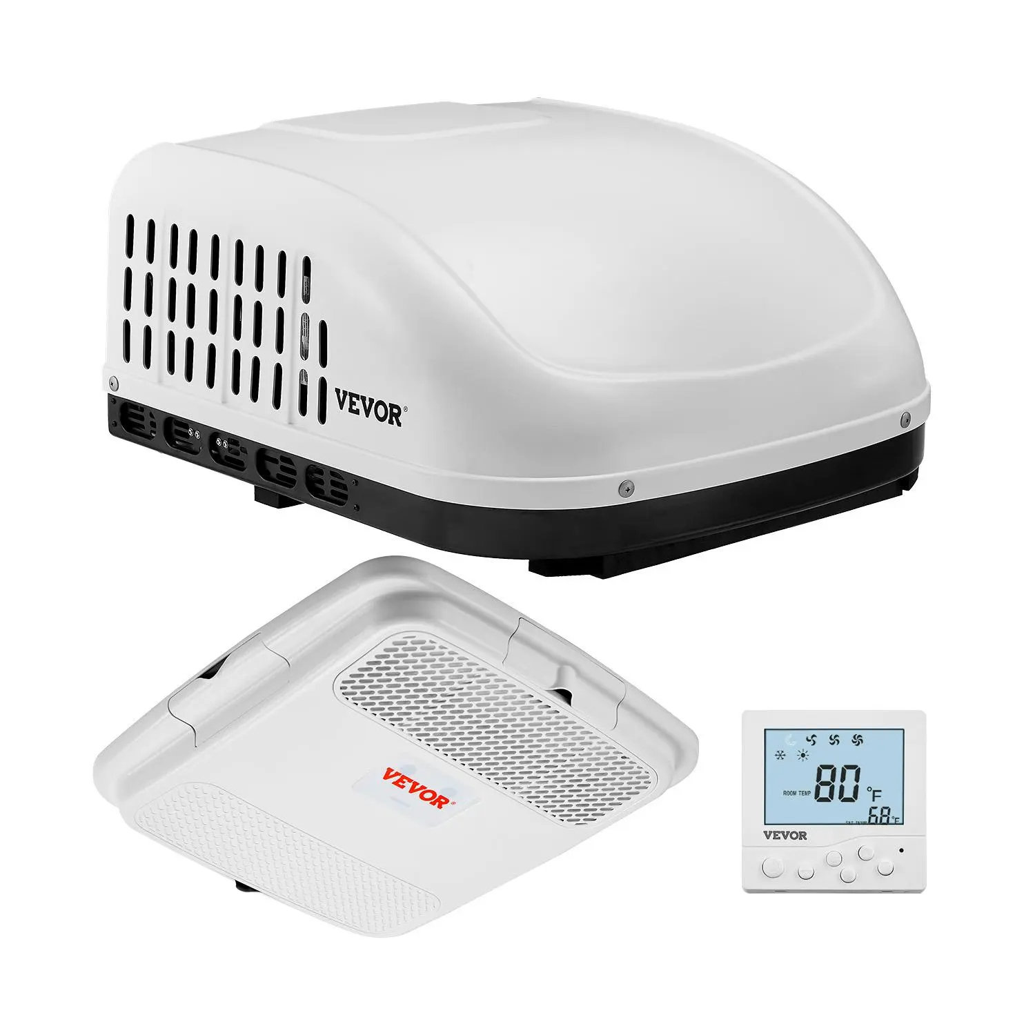 【Summerfinds】VEVOR 13500 BTU Compressor Non-Ducted Rooftop RV Air Conditioner, 65 dB Quiet Design, 3 Modes, Timer, 107.6 Sq. Ft. Coverage, 14.25 x 14.25 Inch, W/ Air Distribution Box, Operation Panel & Installation Hardware for Campers, Vans (White),
