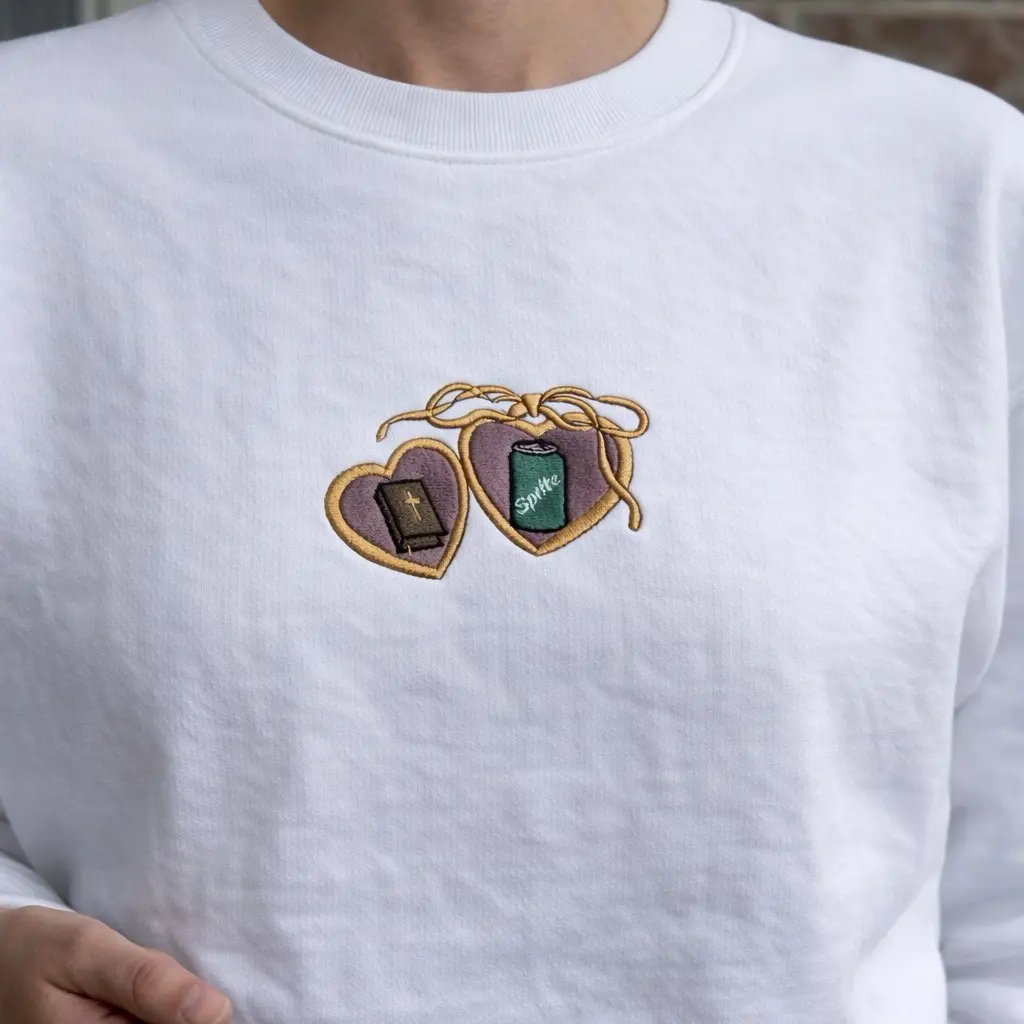 Embroidered Christian Jesus bible locket Dr Pepper soda pop iced coffee crewneck sweatshirt minimalist trendy