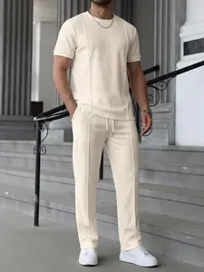 Men's Casual Solid Color Fitted Knit Two-Piece Set with Coordinated Crew Neck Top and Comfortable Pants, Perfect for Everyday Wear