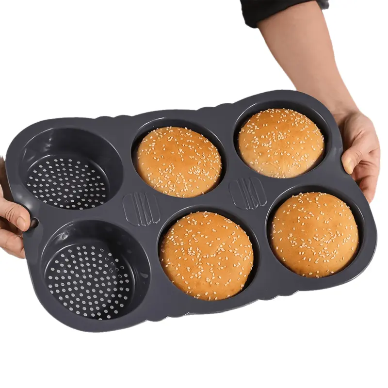 Food-Grade 6-Cavity Non-Toxic Non-Stick Oblong Silicone Hamburger Bun Baking Mold - 1pc, Perforated Design, Black Tin, for Easy-Release Bread Baking