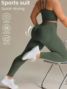 Women Plus Size Army Green Spaghetti Strap Top & Cropped Leggings Seamless Set for Yoga & Studio Summer Workout