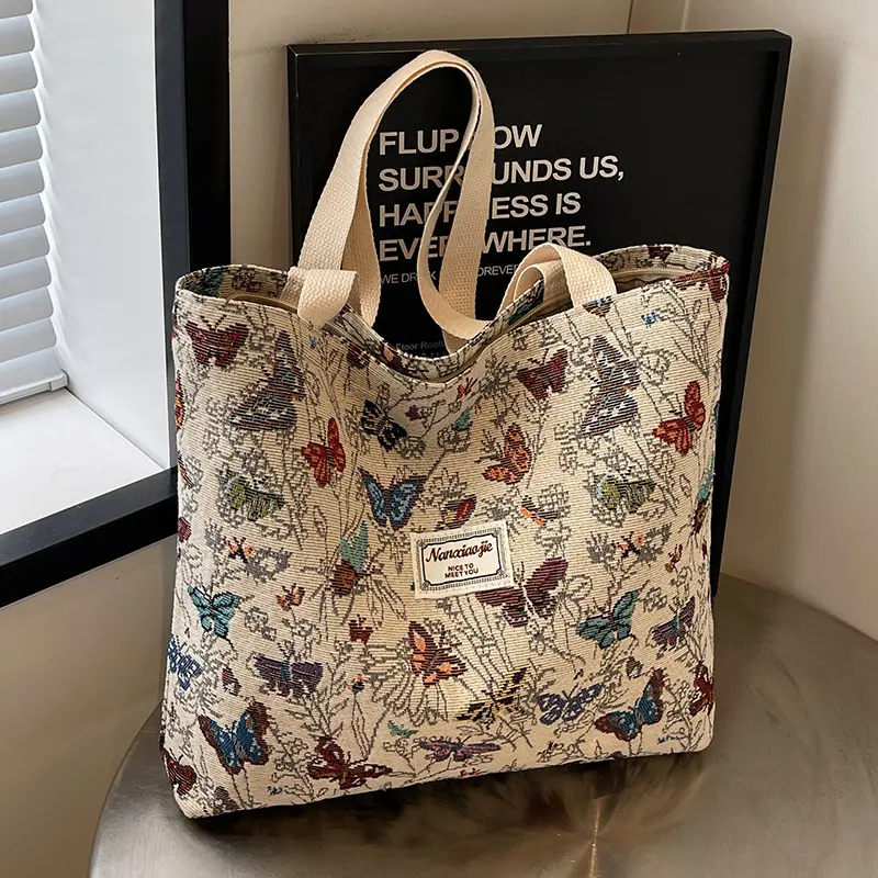 Women's Bohemian Butterfly Tote Bag - Vintage Cottagecore Jacquard Canvas Shoulder Purse, Large Lightweight Gym & Outdoor Accessory for Beach Use, Bohemian Casual Purse, All Seasons Female Adults, Butterfly Print