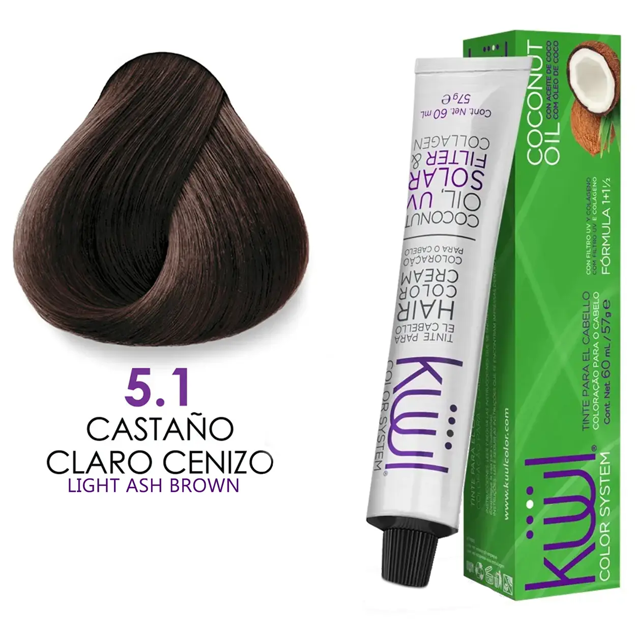Kuul Color System [ 5.1 ] Castano Claro Cenizo | Light Ash Brown | Tinte Para El Cabello | Permanent Hair Dye | 3.04 fl oz / 90 ml