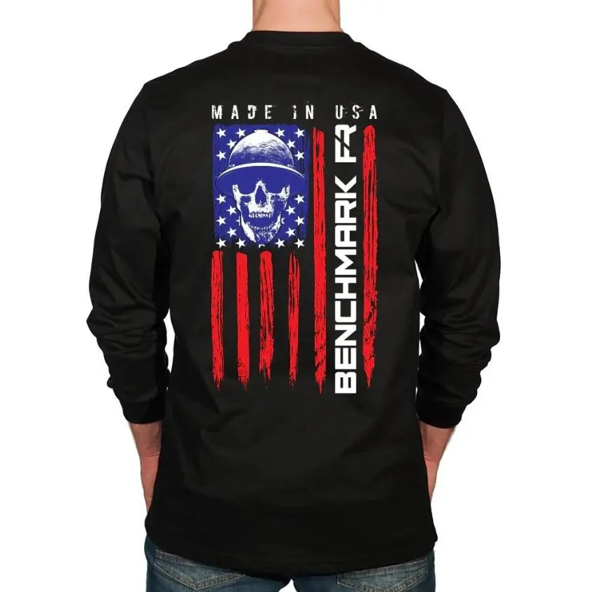 FR Benchmark Skull Flag Flame Resistant Long Sleeve Shirt Logo Graphic Hoodie - Casual Tops for Men & Women, Cotton Fabric T-Shirt Sweatshirt and Hoodie