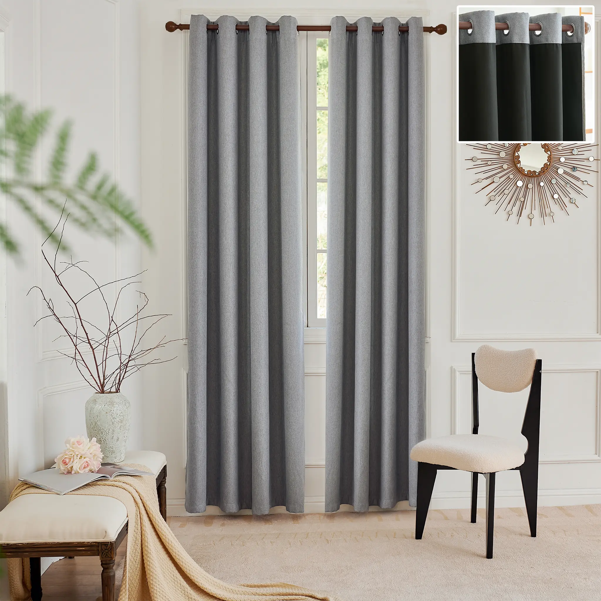 2-Pc Grommet Top Full Blackout Light Blocking Curtains (52x84 in), Solid Black Benni Fabric with Composite Craft, Durable Dustproof Fade-Resistant Flat Weave Machine-Washable Window Drapes for Home Privacy Decoration, Light Blocking Curtain