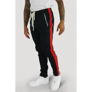 Premium Side Stripe Zip Pocket Track Pants (Black - Red)