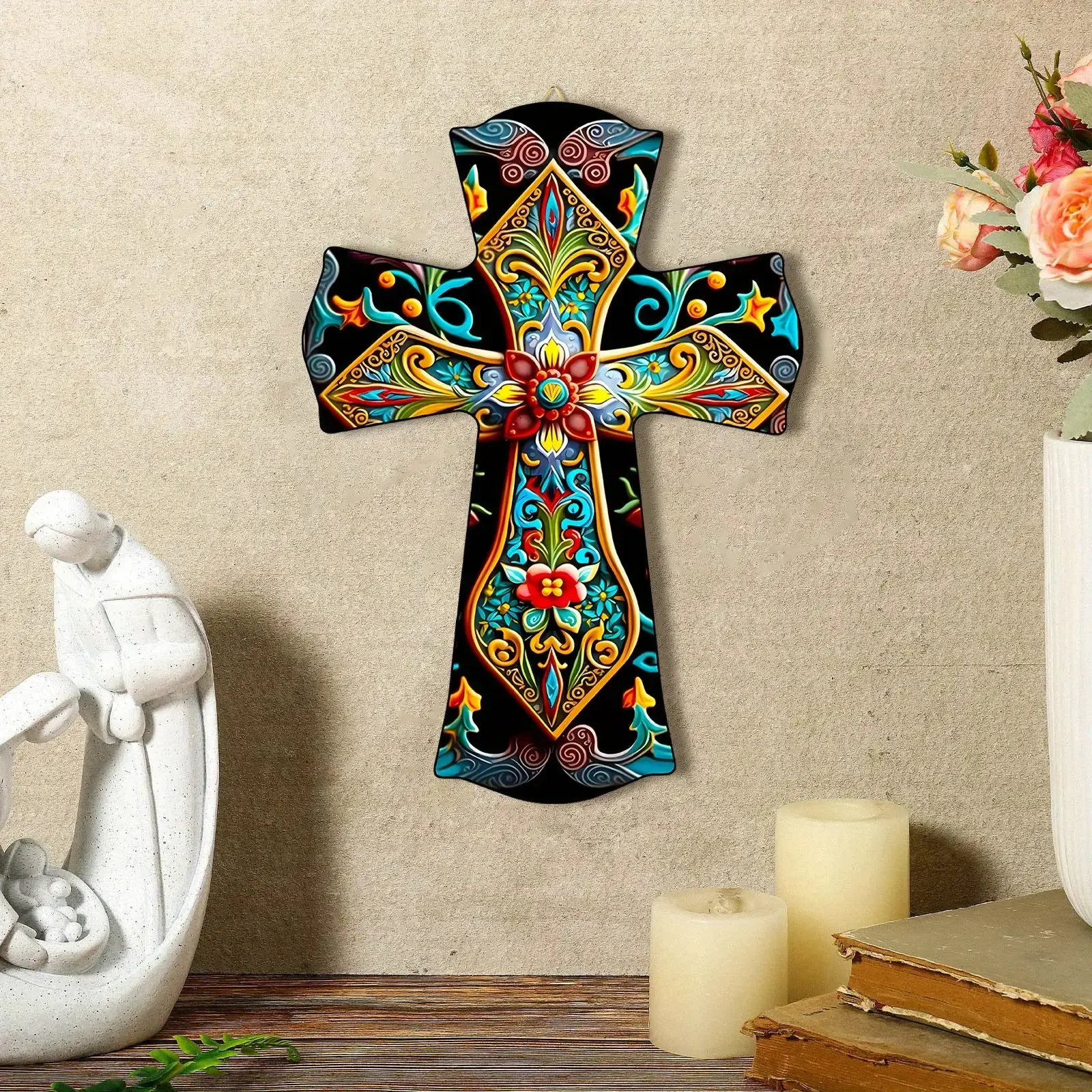 Hand-Painted Rustic Wooden Cross Religious Wall Decor, Spanish & Mexican Art Style, Vibrant Geometric Floral Pattern, Recycled Wood Indoor Hanging Decoration