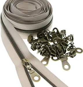#5 Metallic Nylon Coil Zippers by The Yard,Antqiue Brass /Beige Zipper Tape,Bulk 10 Yards with 25 count Sliders Pulls,for DIY Tailor Sewing Crafts Bags Purses Clothing