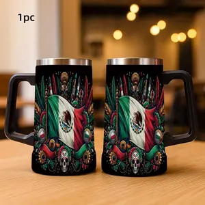 1pc 24oz Stainless Steel Insulated Mug - Colors and Faith: Mexican-themed Beer Mug with Flag and Skull Design. Suitable for outdoor, sports, and indoor use. A great gift for football fans. Large capacity water bottle Stainless Steel Thermal
