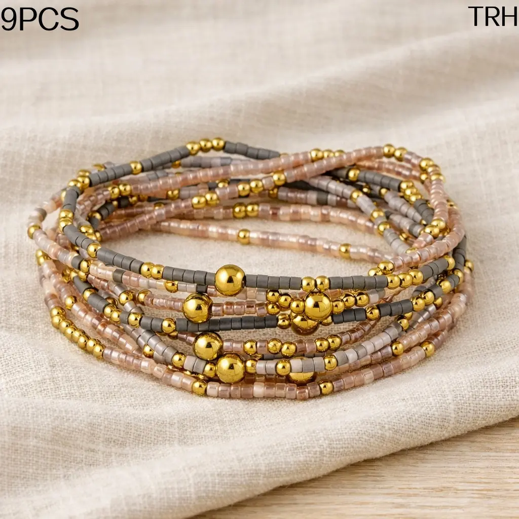 9Pcs Bohemian Color-Block Seed Bead Bracelet Set for Women, Gold-Tone CCB Accent Stretch Stackable Beaded Bracelets, Boho Layered Jewelry Pack for Beach Vacation Music Festival Summer Casual Daily Outfit Styling