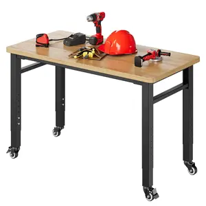 Yizosh 48" Adjustable Portable Workbench with Wheels, Rubber Wood Top, Heavy Duty 2000 LBS Load Capacity, Garage & Workshop Workbench with Storage