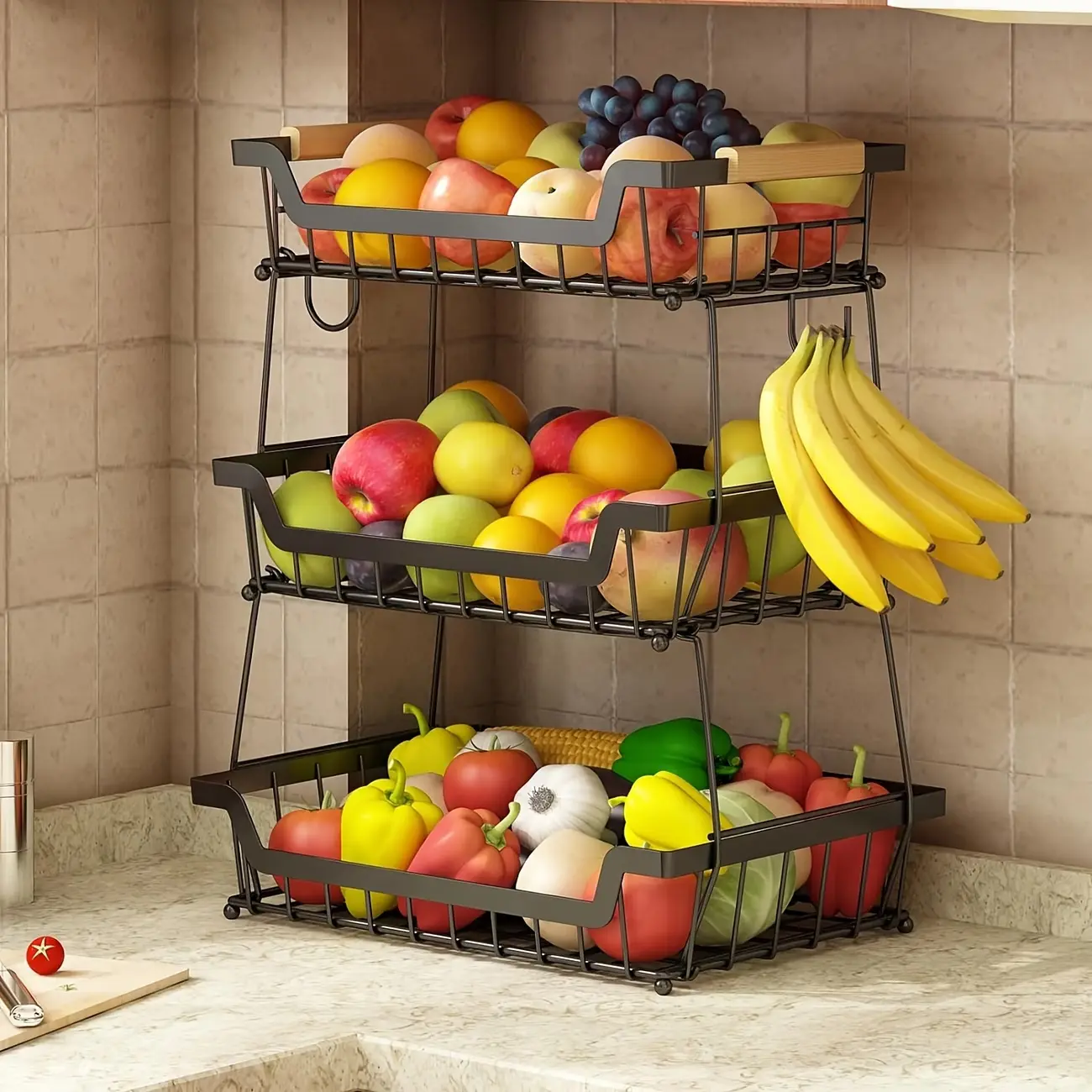 2/3-Tier Metal Frame Food Cart with 2 Banana Hangers, Detachable Eco-Friendly Sturdy Handle Storage Bowls, Large Capacity Rectangular Kitchen Organizer for Fruit Organization, Home Decor