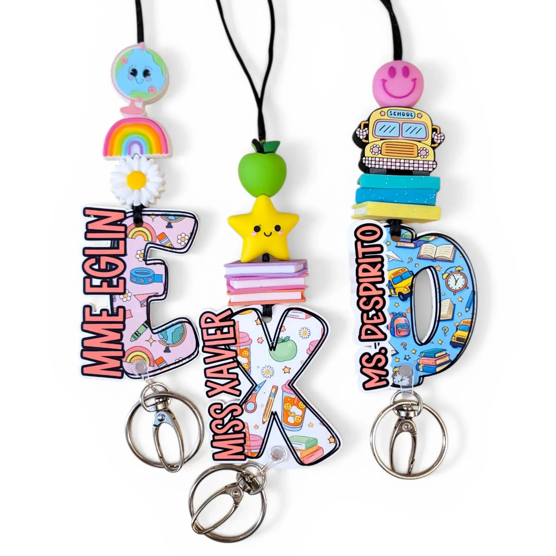 Personalized Teacher ID Badge Holder Lanyard with Silicone Beads, 21" Length, High-Gloss Laser-Cut Graphic Charm, Breakaway Safety Clasp for Adults, Admin, Coworkers’ School & Office Use, Trendy