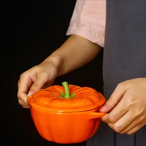 Ceramic Pumpkin Dutch Oven Pot with Lid, Heat Resistant Handles, Microwave & Dishwasher Safe, Halloween Christmas Party Dessert Bowl Cookware