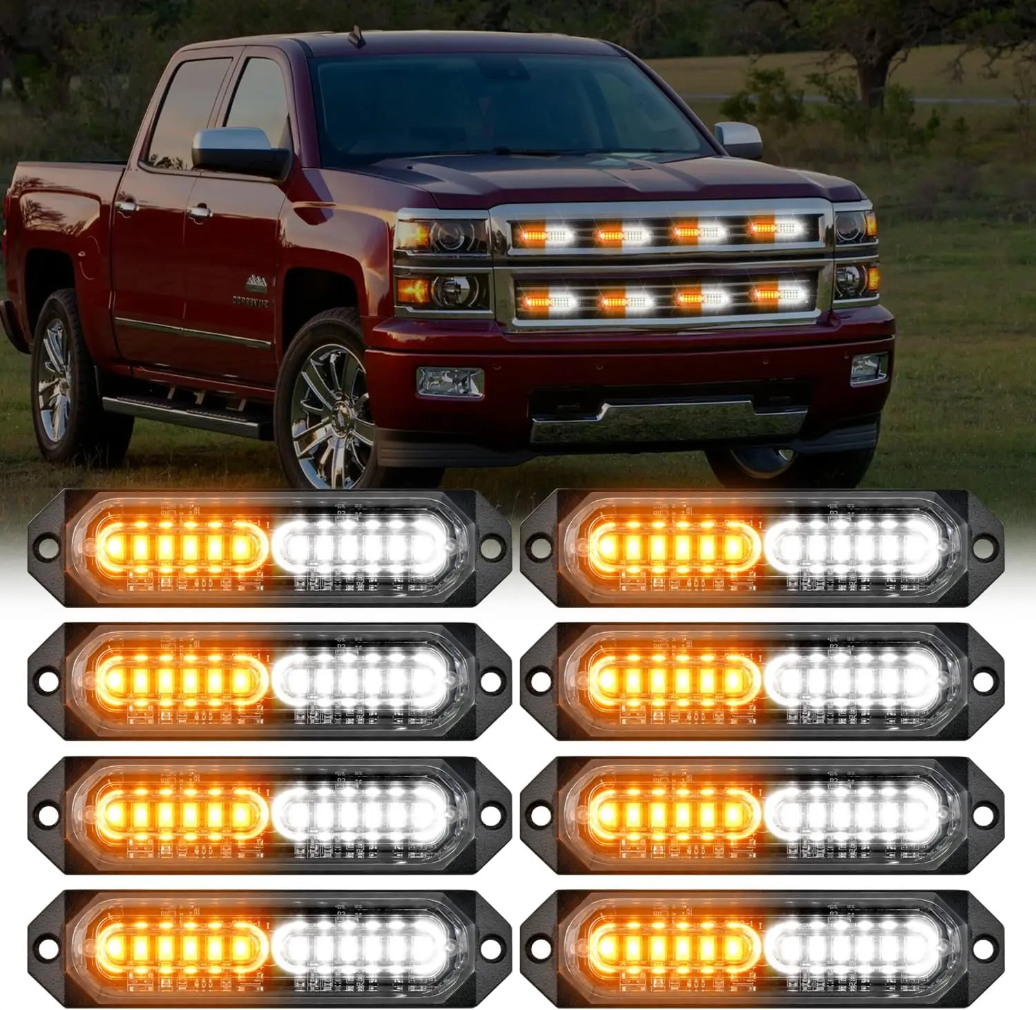 Nilight 8PCS 12LED Amber White Strobe Light Module, 12V-24V Ultra Slim Surface-Mount Sync Mini Grille Offroad Lights, Shock & Vibration Resistant Off Road Accessories for Cars, Campers - High Visibility Gear