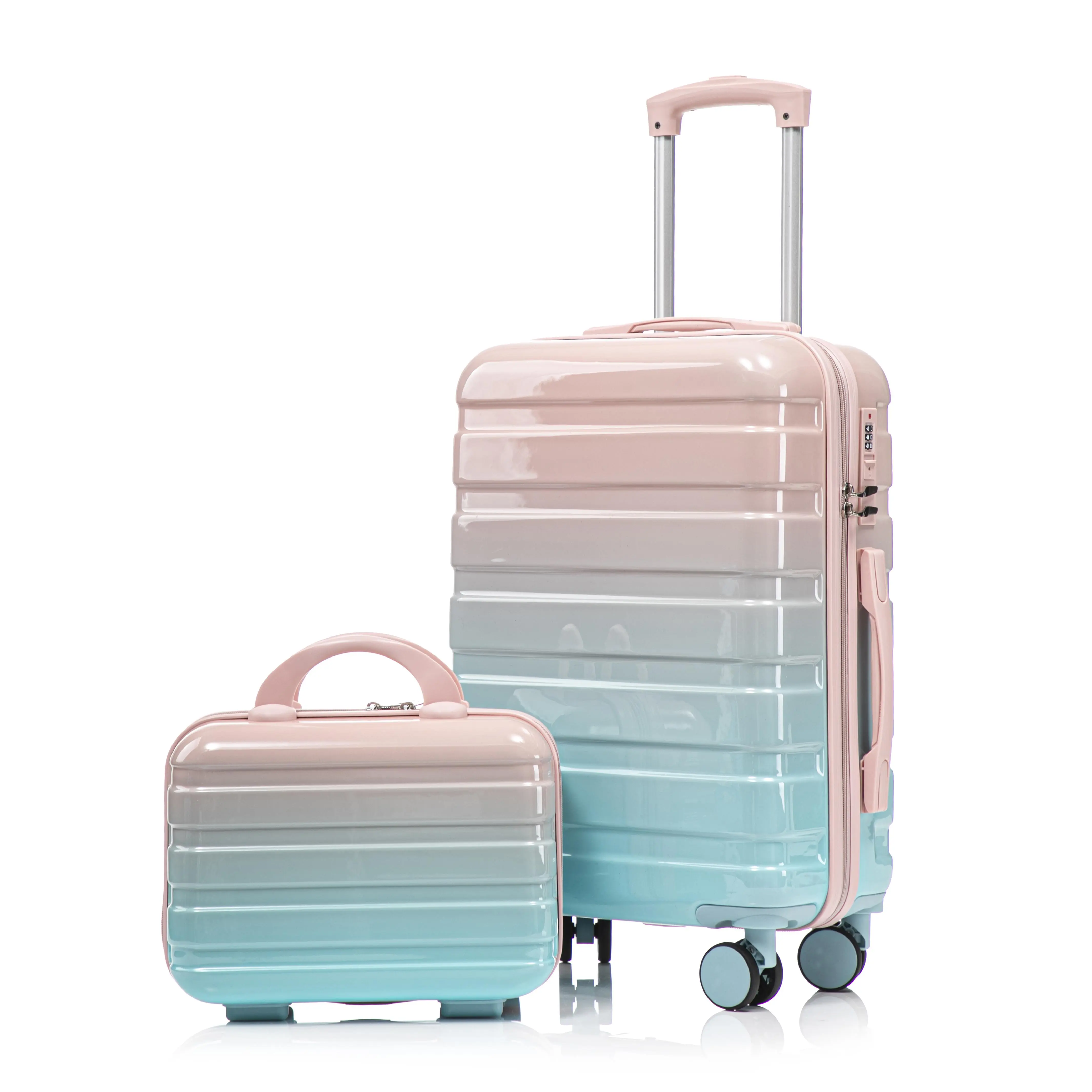 2-Piece Gradient PC Hard Shell Luggage Set - 14in Cosmetic Case, 20in Carry-On Suitcase with Combination Lock, Double Silent Spinner Wheels, Multi-Layer Interior, Fixed Clothes Buckle for Weekend Getaways, Short Business Trips