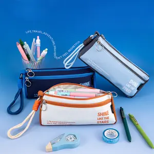 4 simple double layer multi functional pencil cases with colour block design, hand carryable, minimalist style, zippered, large capacity, durable stain resistant stationery bags, convenient DIY storage organisation