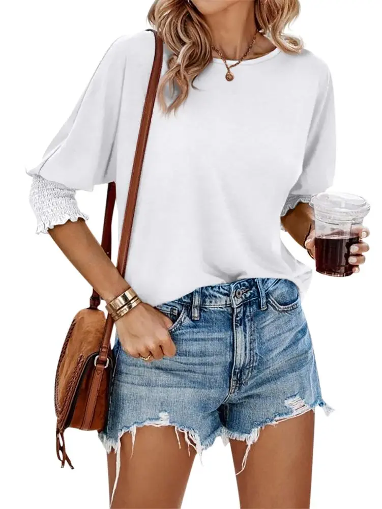 Imily Bela Women’s Tops Casual Crewneck T Shirt 3/4 Smocked Sleeve Summer Loose Fit Blouse Solid Color Tunic Shirt