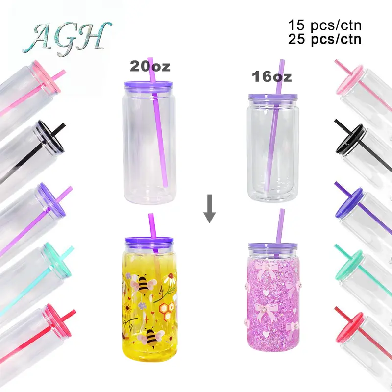 AGH US 16/20OZ Acrylic Snow Globe Double Wall Plastic Tumbler Cups with Lids and Straws, Bottom with Pre Drilled Hole and Plugs for Milk Cartons Travel Coffee