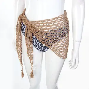 Women's Swimwear Triangle Wrap, Fishnet Solid Color Shells Swimsuit Skirt Bikini Cover-Up Shawl, Summer Beach Cover Up