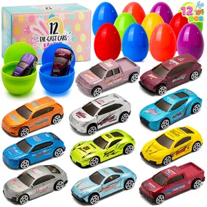 12Pcs Die-Cast Car Filled Big Easter Eggs, Bright Colorful Prefilled Plastic Eggs with Different Die-cast Cars for Boys, Basket Stuffers and Kids Party Favors