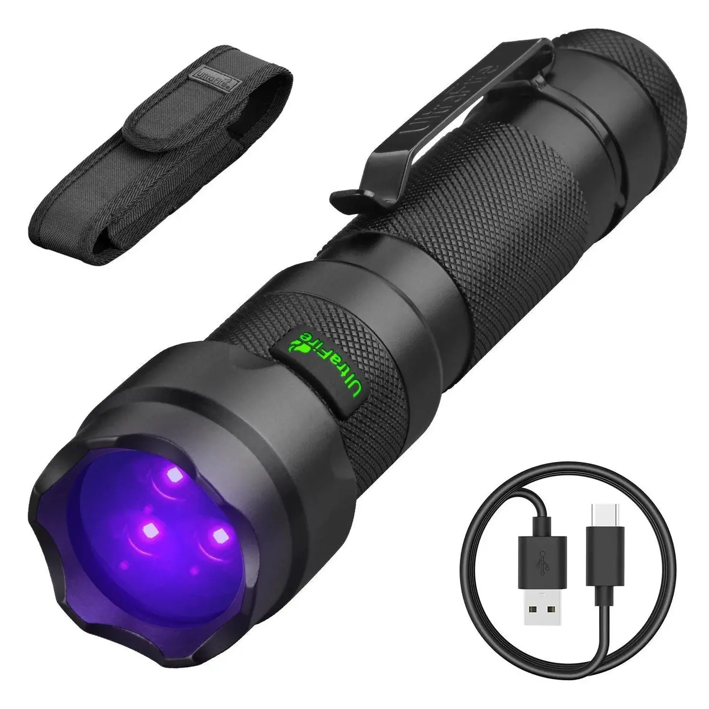 UltraFire 502UV PRO Black Light UV Flashlight, 15W High-Power 365nm Rechargeable with USB Port, 2600mAh Lithium-Ion Battery, Compact Aircraft-Grade Aluminum Body, 5.4in(d)x1.2in(w)x1.2in(h), 165ft Range for Resin Cure, Camping, Blood Track