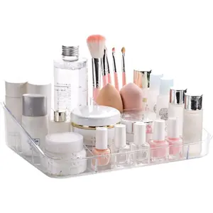 Makeup Tray Organizer-Crystal Clear Acrylic Storage Unit for Bathroom Drawers, Vanities, Office Desk & Stationery-Washable Design Microfiber Container