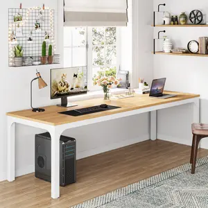 LITTLE TREE Two Person Desk, 78.7 Inches Extra Long Computer Desk, Wooden Large Office Desk with Strong Metal Legs, Double Desk for 2 People, Writing Table Study Desk for Home Office, Natural & Black