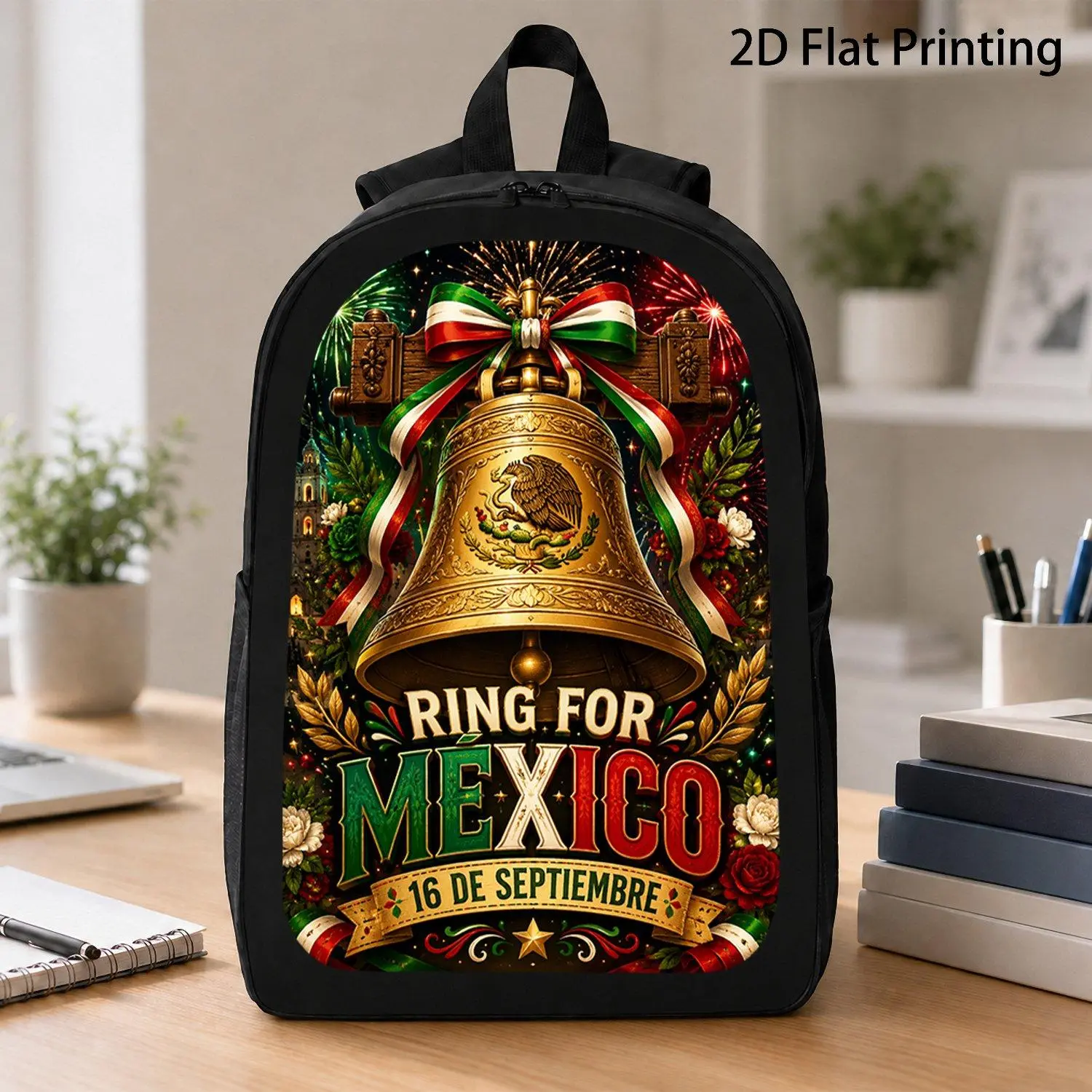 [17 Inch Backpack] 1pc Ring For Mexico Golden Liberty Bell Rose Firework Print Backpack Hot Selling 16 De Septiembre Mexican Holiday Laptop Backpack For Adults