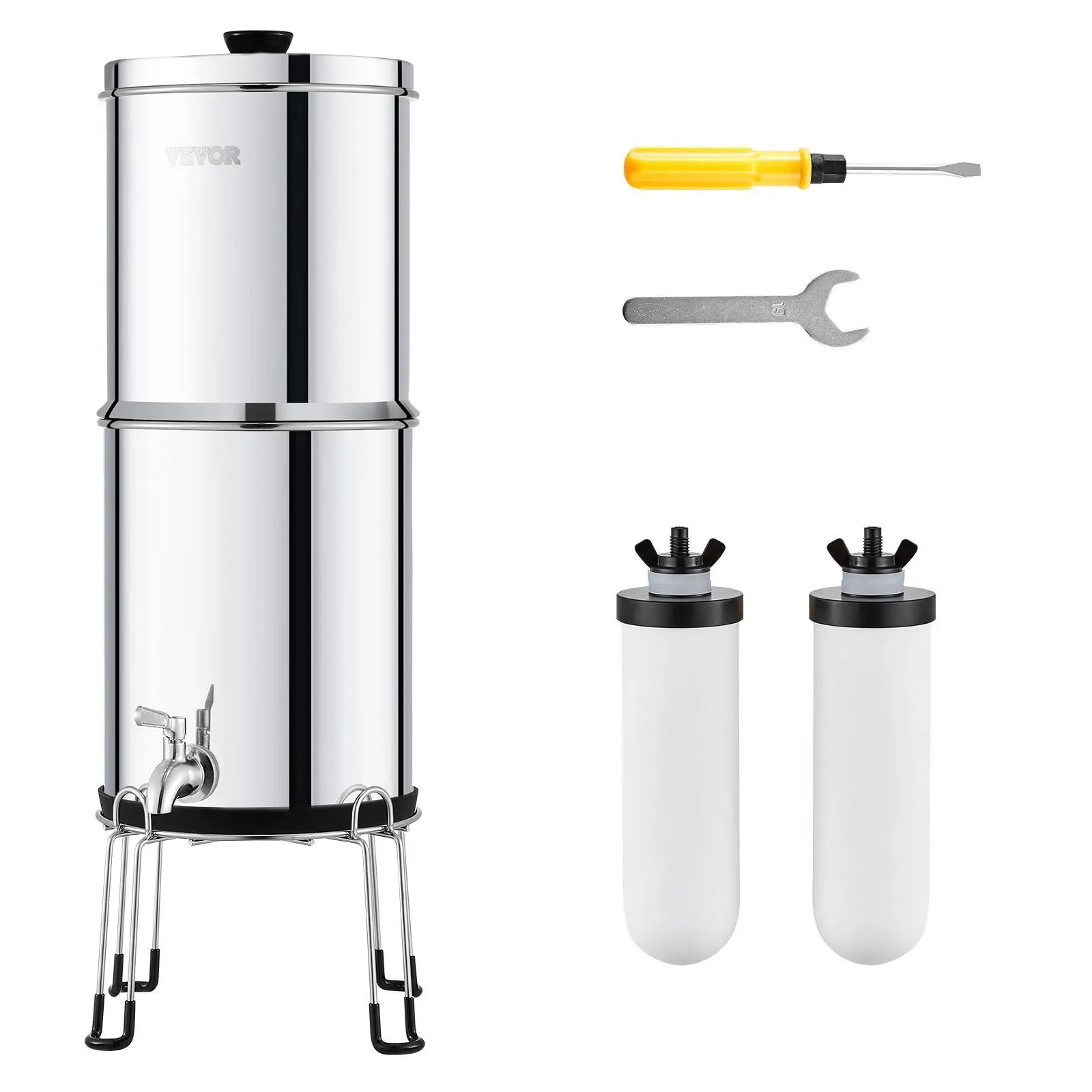 【Backtoschool】VEVOR Stainless Steel Gravity-Fed Water Filter System, 2.25G 304 Countertop Model for 1-4 People, Reduces Lead & 99% Chlorine, with 2 Ceramic Activated Carbon Filters, Spigot & Camping-Ready Stand, Reduces Chlorine