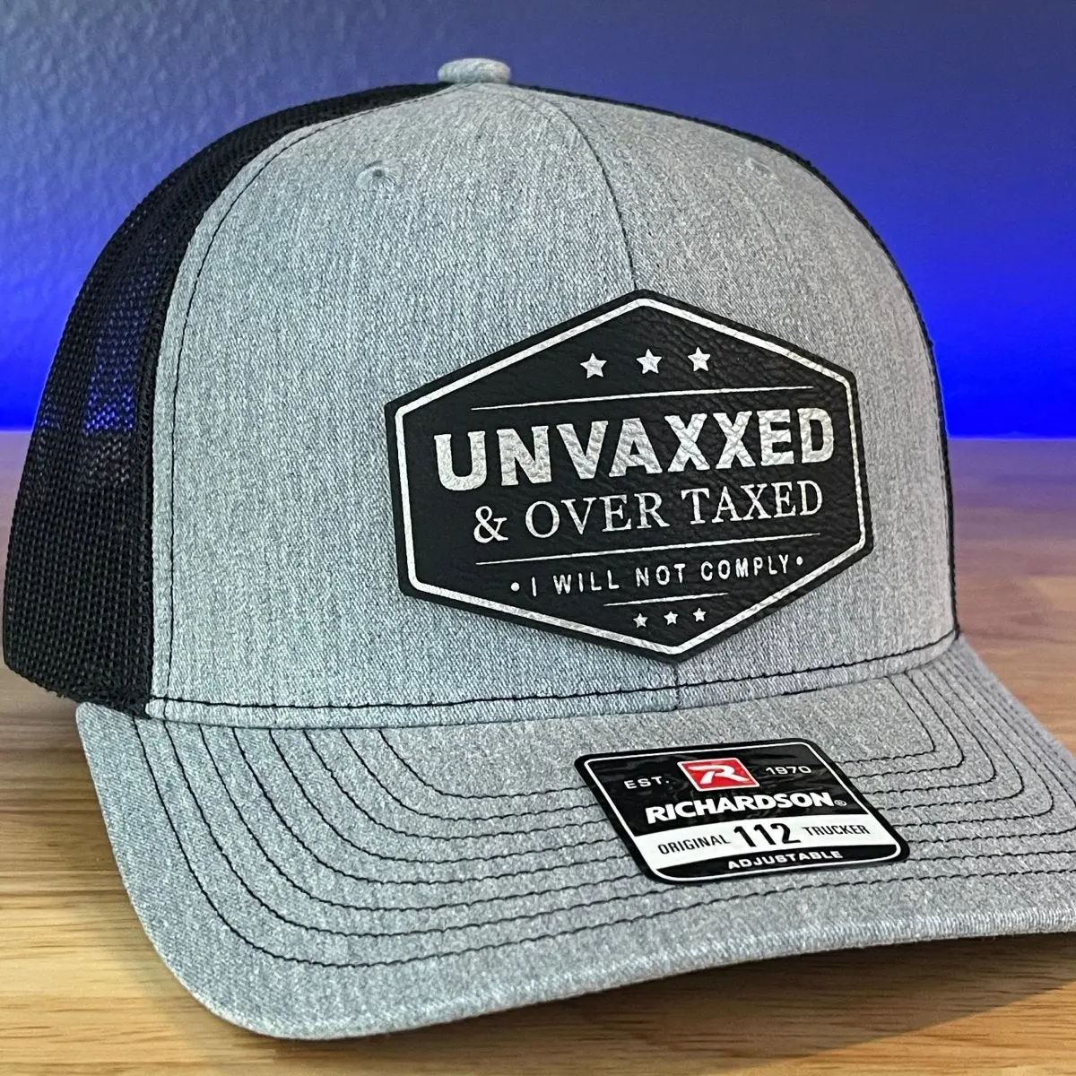 UNVAXXED & OVER TAXED Leather Patch Hat BLK/SILVER Outdoor Adjustable Cap Navy Trucker Polyester Sports Hat