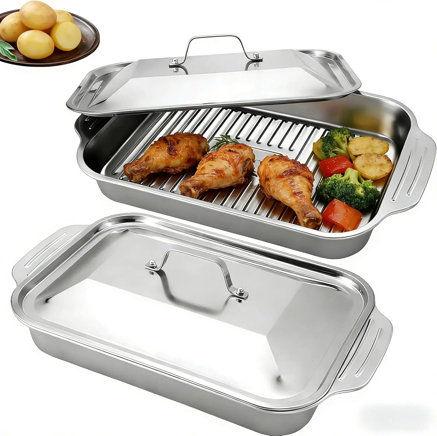 Stainless Steel Lasagna Pan with Lid – Set of 2 Deep Rectangular Baking Pans (16"x9.5"x3.2") for Lasagna, Cakes, Roasting & Buffet – Dishwasher Safe, Anti-Rust, Ideal for Restaurant & Home Use