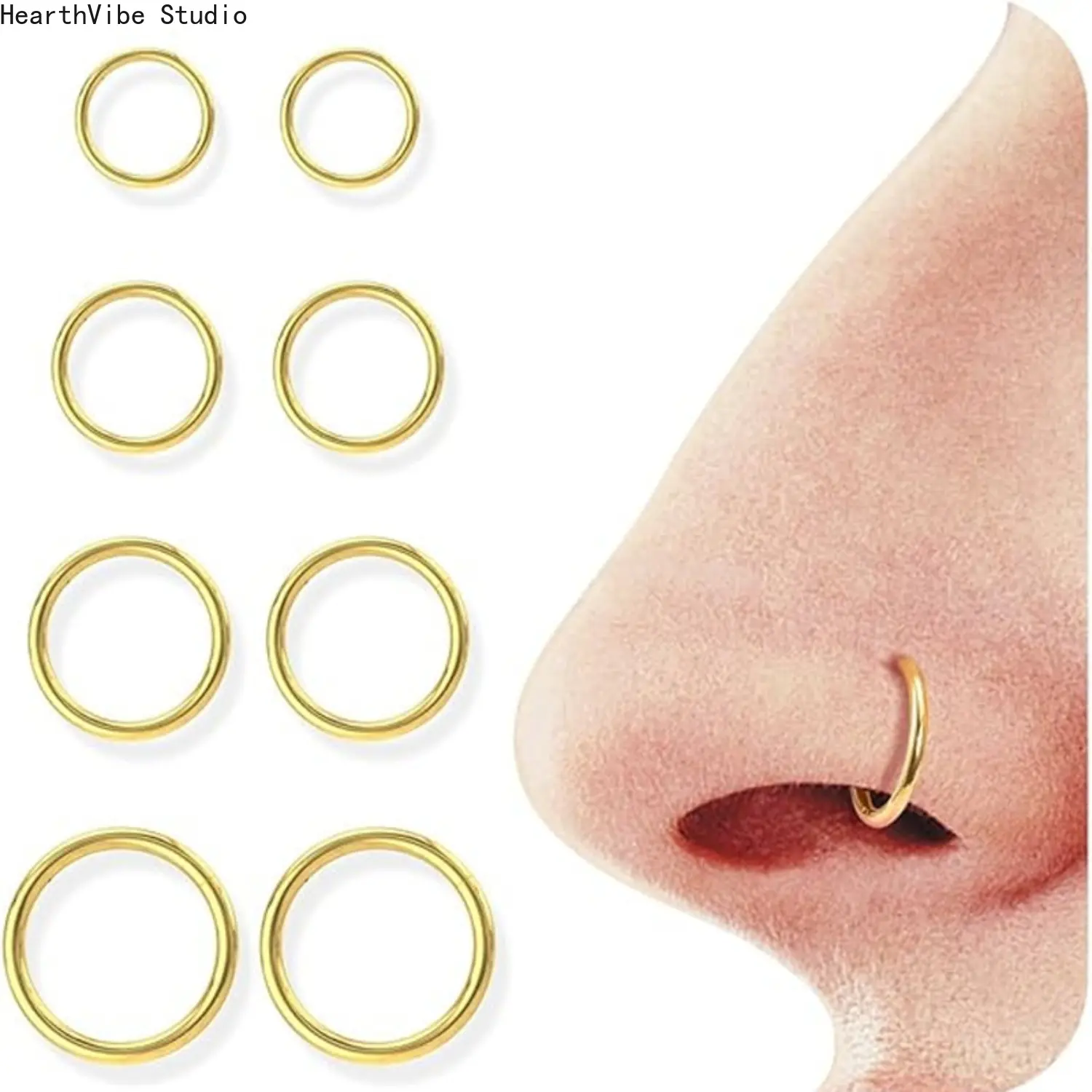 Women's 2-Piece Gold Surgical Steel Nose Rings Hoops Set, Multi-Use Piercing Jewelry for Cartilage, Septum & Lip, Everyday Use, Gift for Camping & Hiking Enthusiasts, Lip Ring, Female