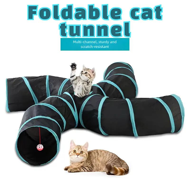 Large Polyester 4-Way Collapsible Kitty Tunnel - Kittens' Indoor Interactive Toy with S-Shape Design, Peek Hole, Universal Versatile Use (Blue & Black)