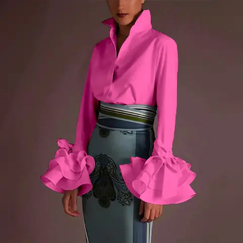 UOOZEE Women's Fitted Peplum Blouse Piece - Basic Business Casual Elegant Solid Polyester Shirt, Ruffle Lapel, Buttons, Bow Detail, Long Sleeve Trumpet Cuffs, Machine Washable for Office, Going Out