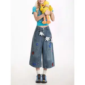 Aesthetic Vintage Embroidery Loose Jeans Women Summer New Design High-waist Straight Leg Pants Casual Retro Blue Cowboy Pants