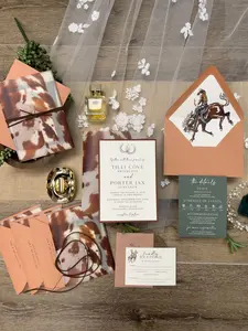 Western Wedding Invitation Suite, Boho Southern Ranch, Cowboy Rodeo, Rustic Cowhide Vellum Jacket watercolor horse, Designed and Printed