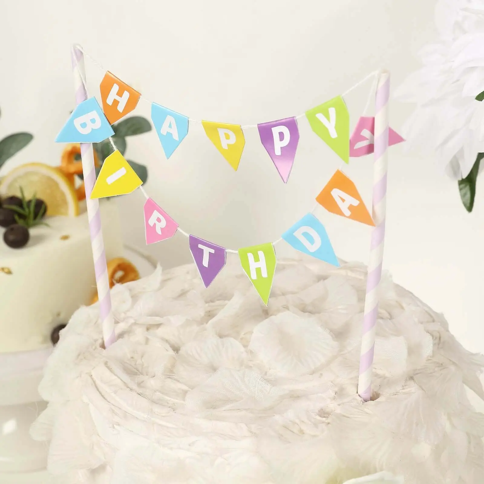 Happy Birthday Cake Topper Multi-Color Bunting Garland Style - Fun Cake Banner Sign with Lavender Lilac Straws