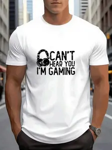 Men's Short Sleeve T-Shirt, Fun Earphone Letter Print, Loose Fit, Casual Streetwear, Breathable Round Neck, Summer New Arrival
