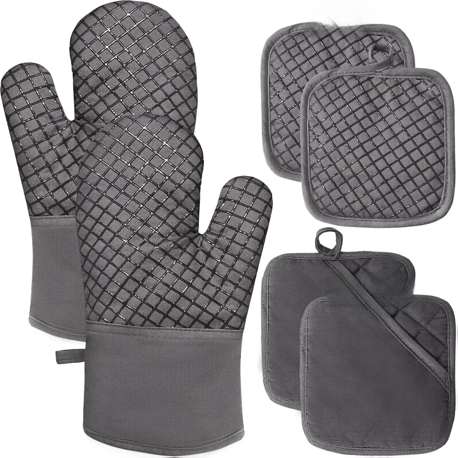 12-Inch 4-Pcs Modern Bakeware Oven Mitts & Pot Holders Set - 500°F Heat-Resistant, Thick Cotton, Silicone Surface, Non-Slip Grip, Insulation Cover, Long Anti-Burn Cooking Gloves for Baking, Grilling